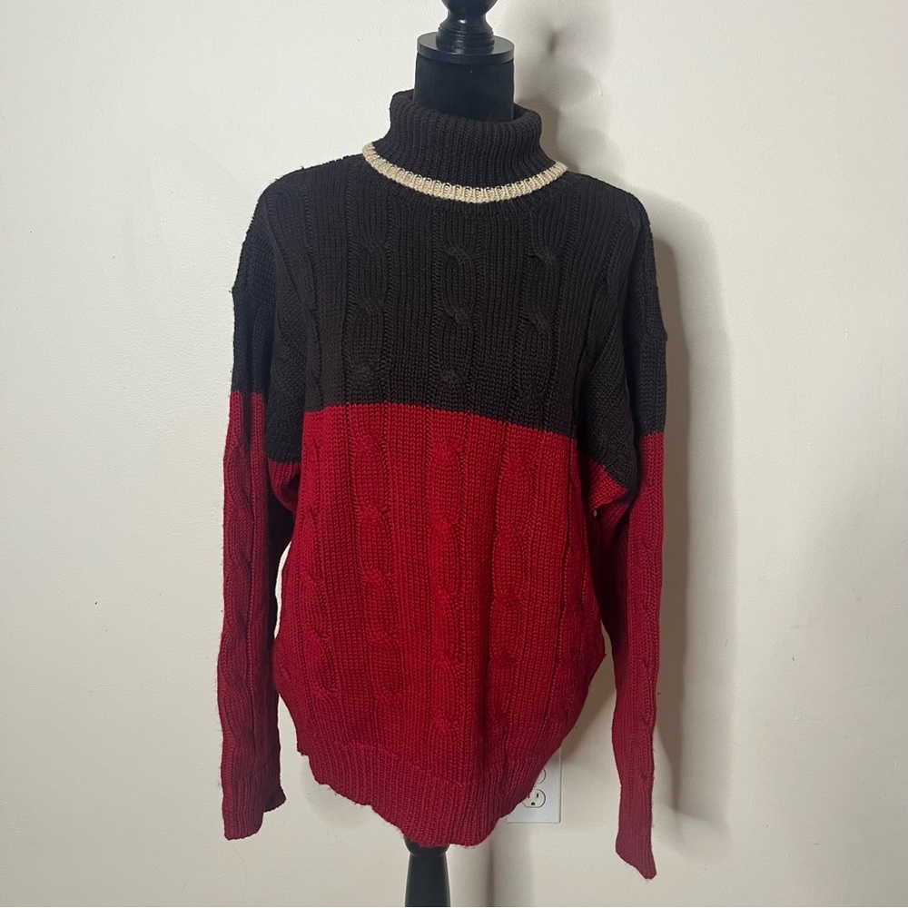 Vintage J.Crew Men’s Brown/Red Wool Chunky Cable Knit‎ Turtleneck Sweater Sz L